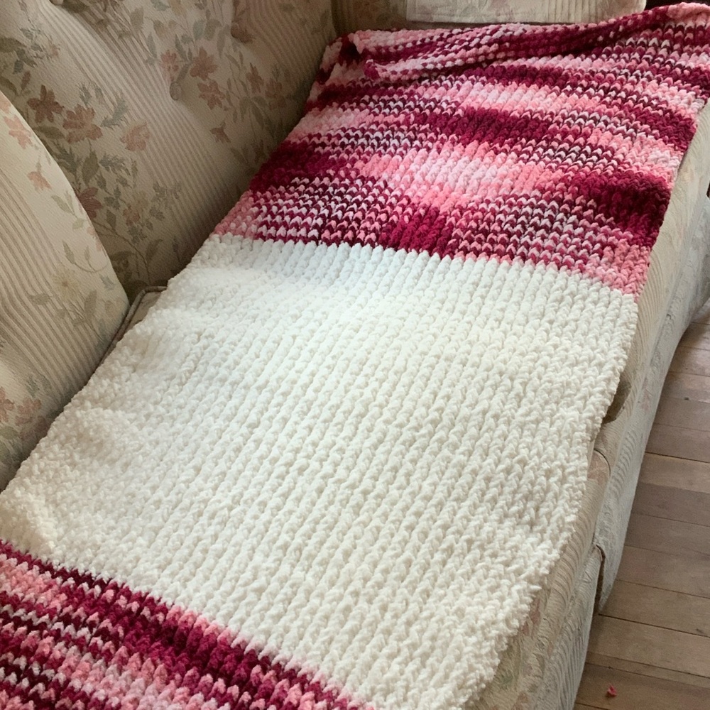 Wife’s Handmade Pink,Cranberry,white loom knit blanket soft, warm and cuddly - Picture 1 of 4
